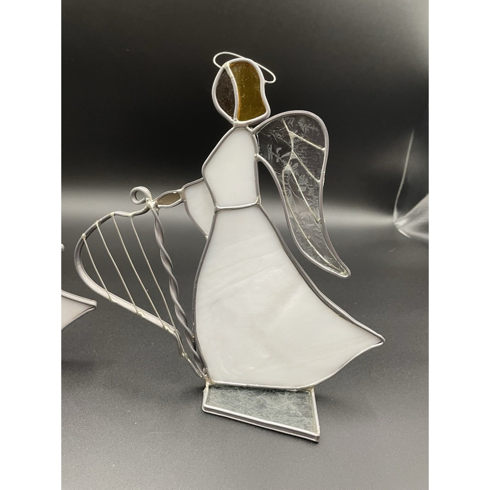 Vintage Stained Glass Angels With Instruments Set Of Two - Picture 13 of 14